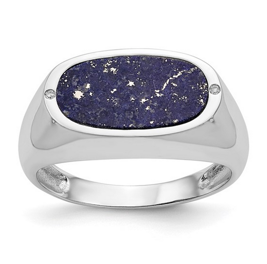 14K White Gold Men's Polished Blue Lapis and Diamond Ring