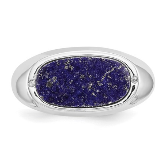 14K White Gold Men's Polished Blue Lapis and Diamond Ring