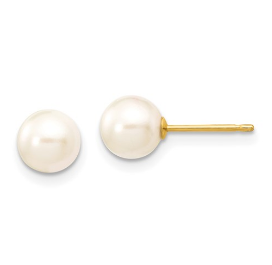 14k 6-7mm Round White Saltwater Akoya Cultured Pearl Stud Post Earrings