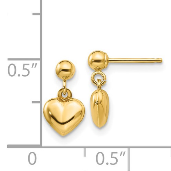 14k Puffed Heart Post Dangle Earrings |GK511