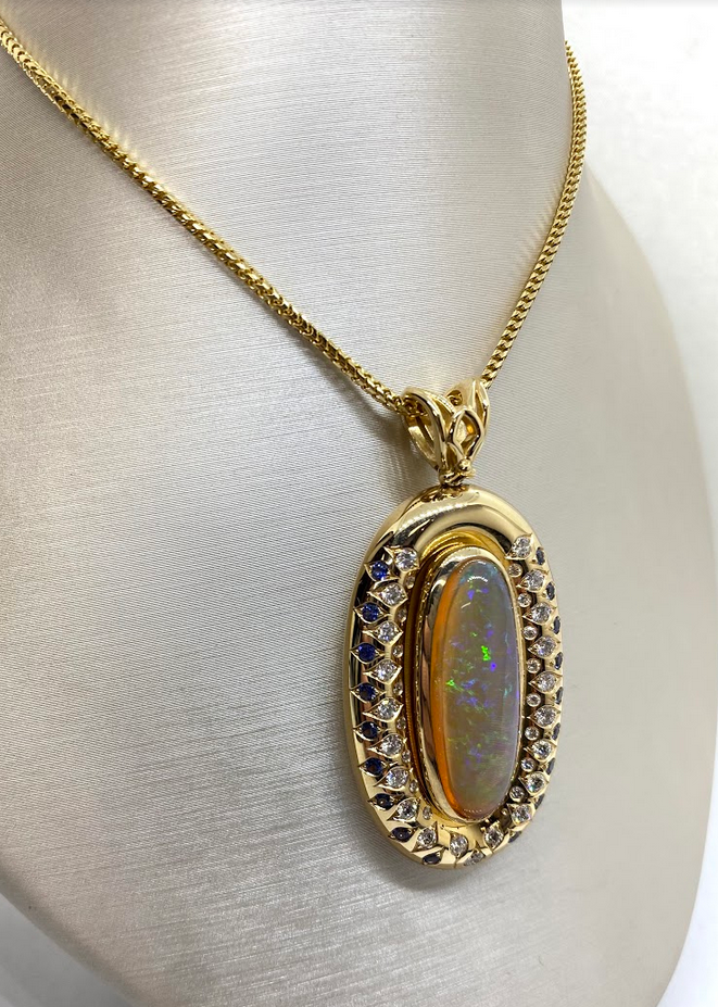 Custom Made Opal Pendant with Sapphires and Diamonds