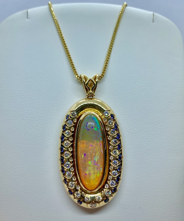 Custom Made Opal Pendant with Sapphires and Diamonds