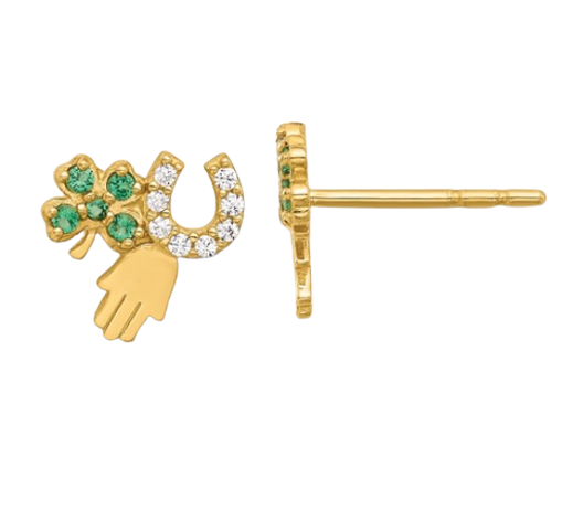 14K CZ Clover Horseshoe and Hamsa Earrings | YE2204
