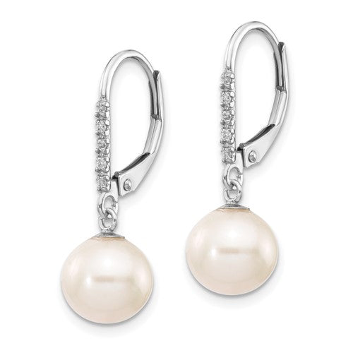 Round Fresh Water Cultured Pearl .05ct Diamond Leverback Earrings