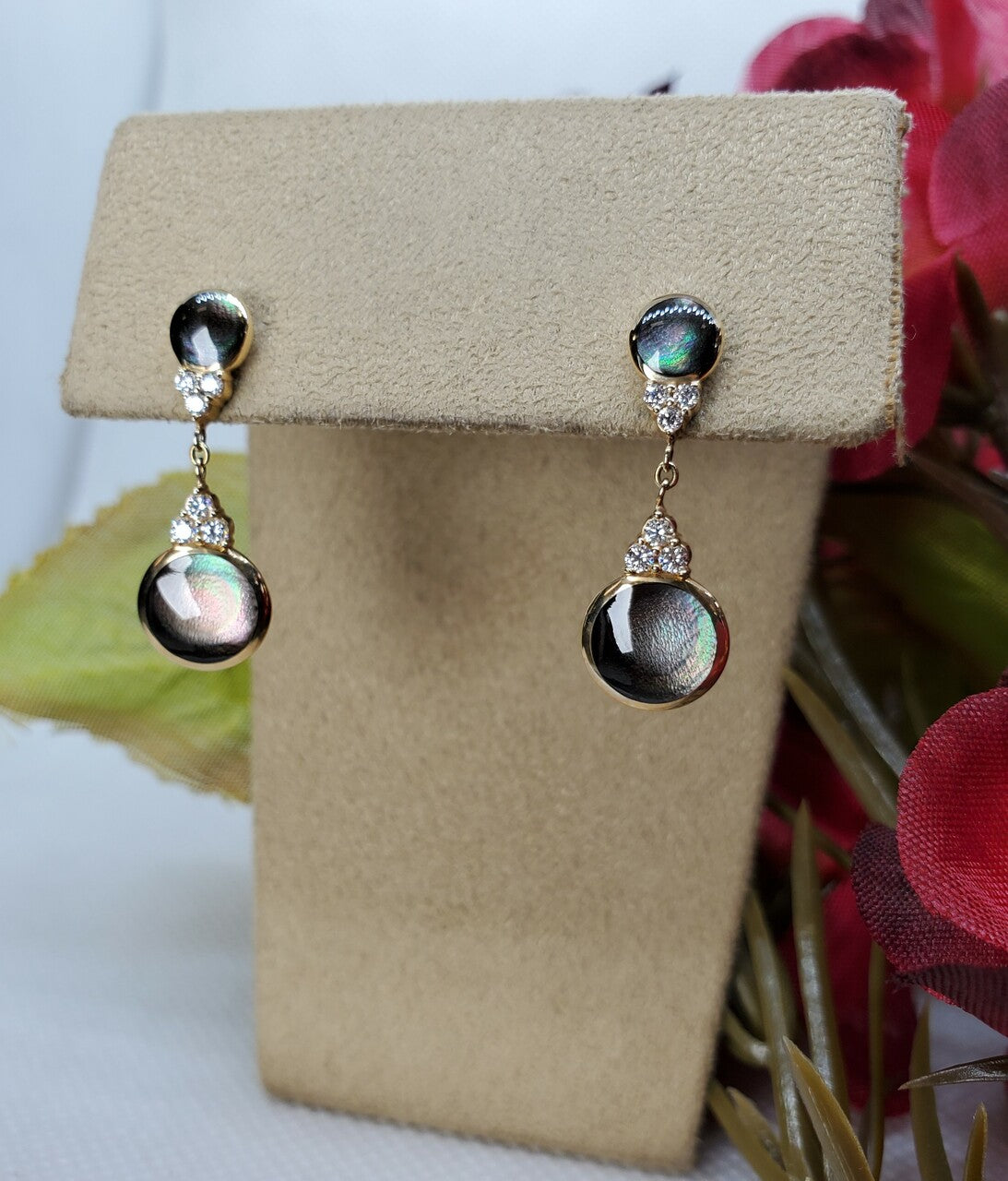 Kabana Round Black Mother of Pearl Earrings with Diamonds